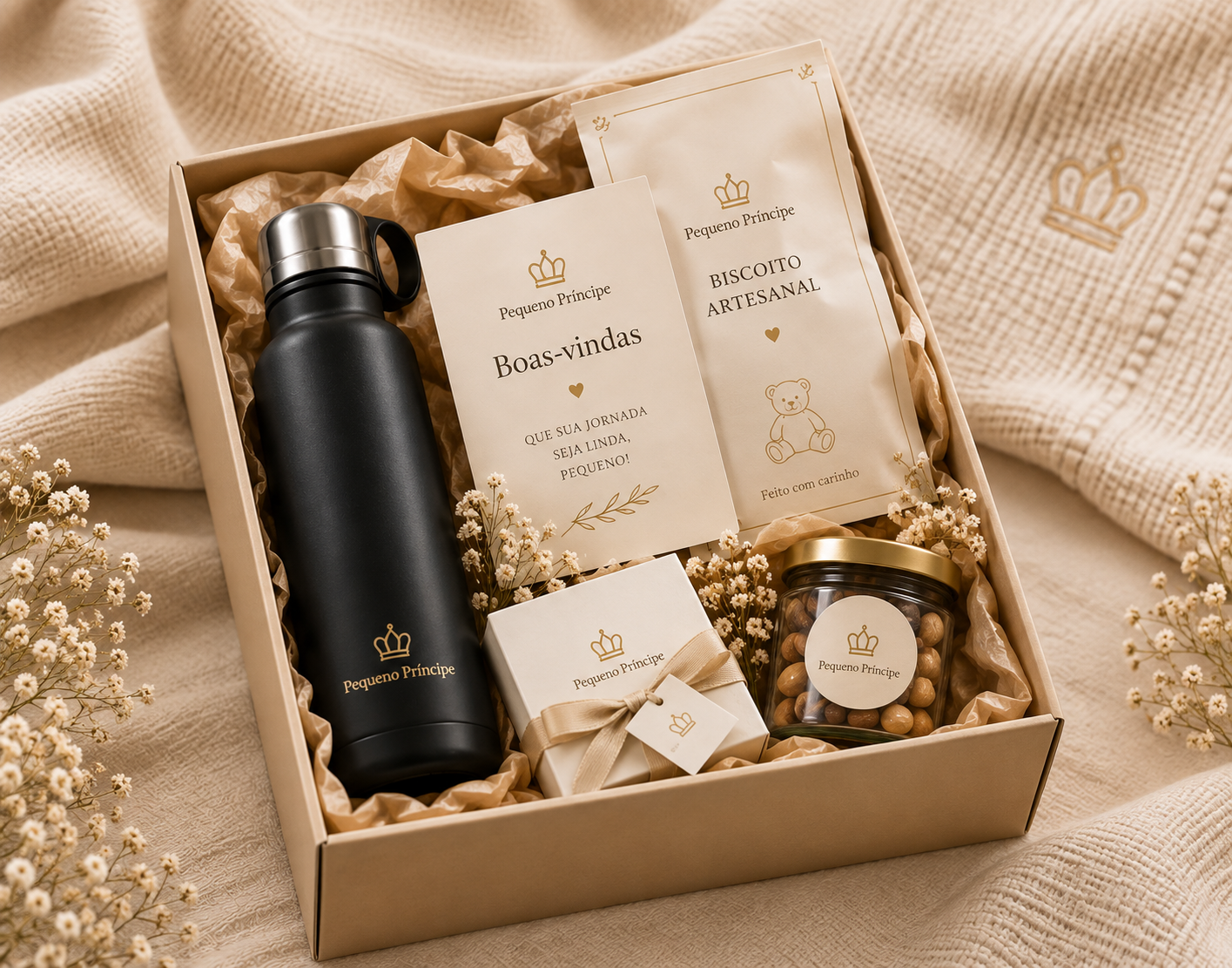 Kit de boas-vindas com garrafa e caneca