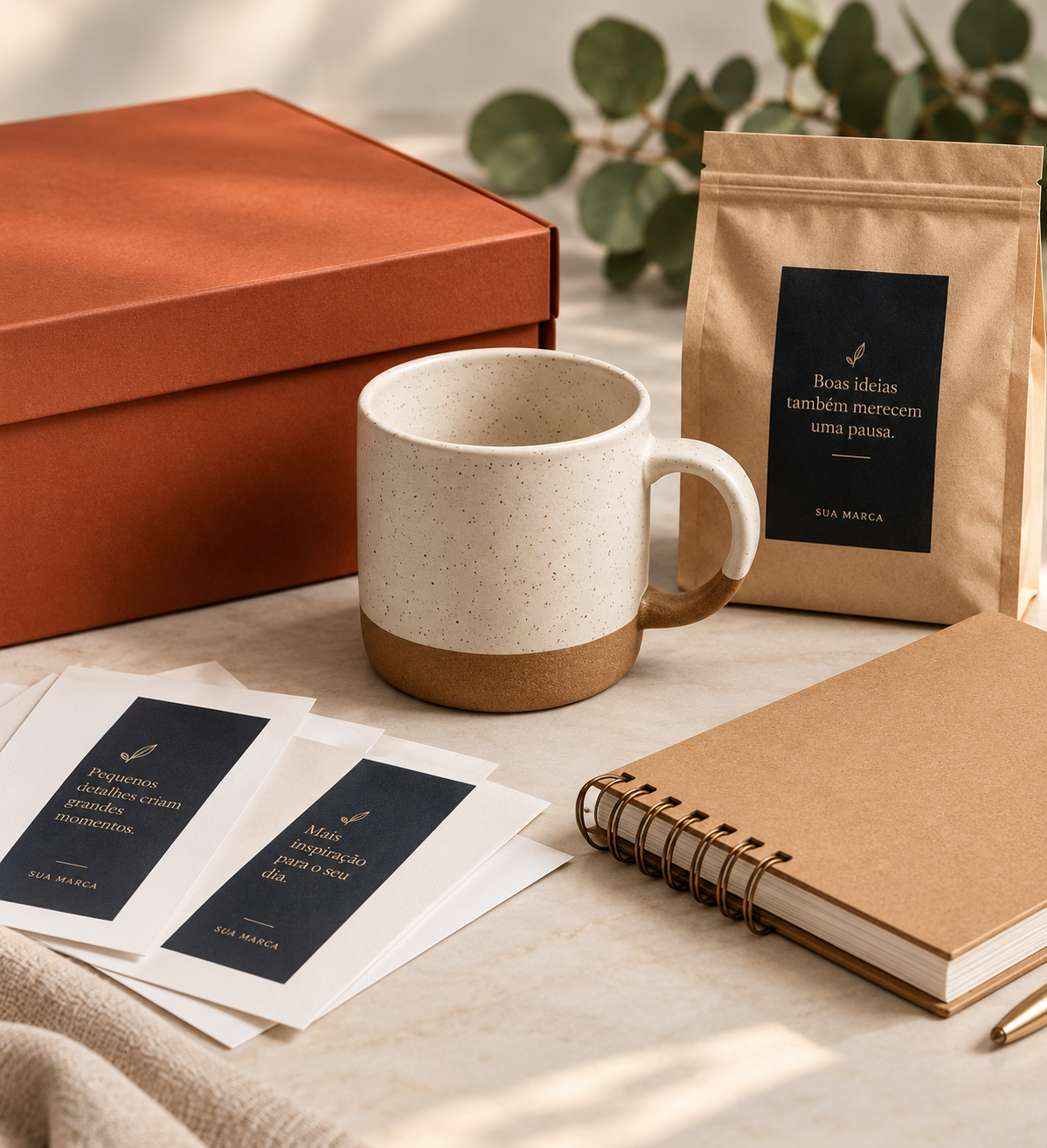 Caixa de presente terracota com caneca de cerâmica, sachê de café, cartões de mensagem e caderno sobre mesa clara