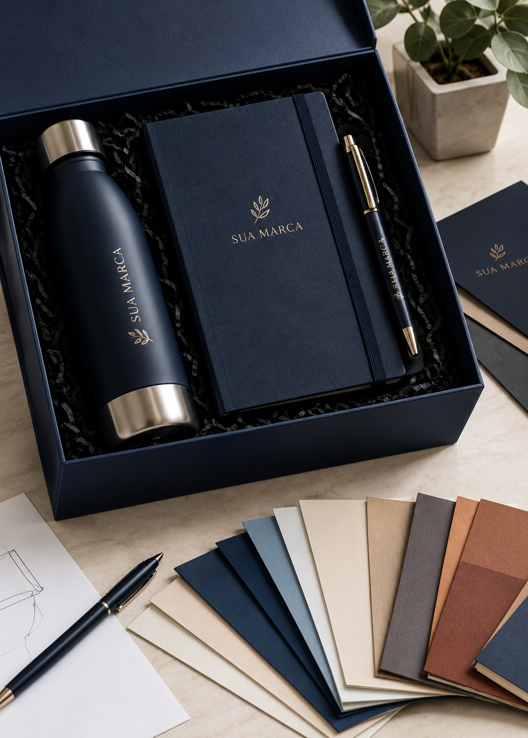 Garrafa térmica preta, caderno azul-marinho com caneta e leque de amostras de cor dentro de caixa de presente