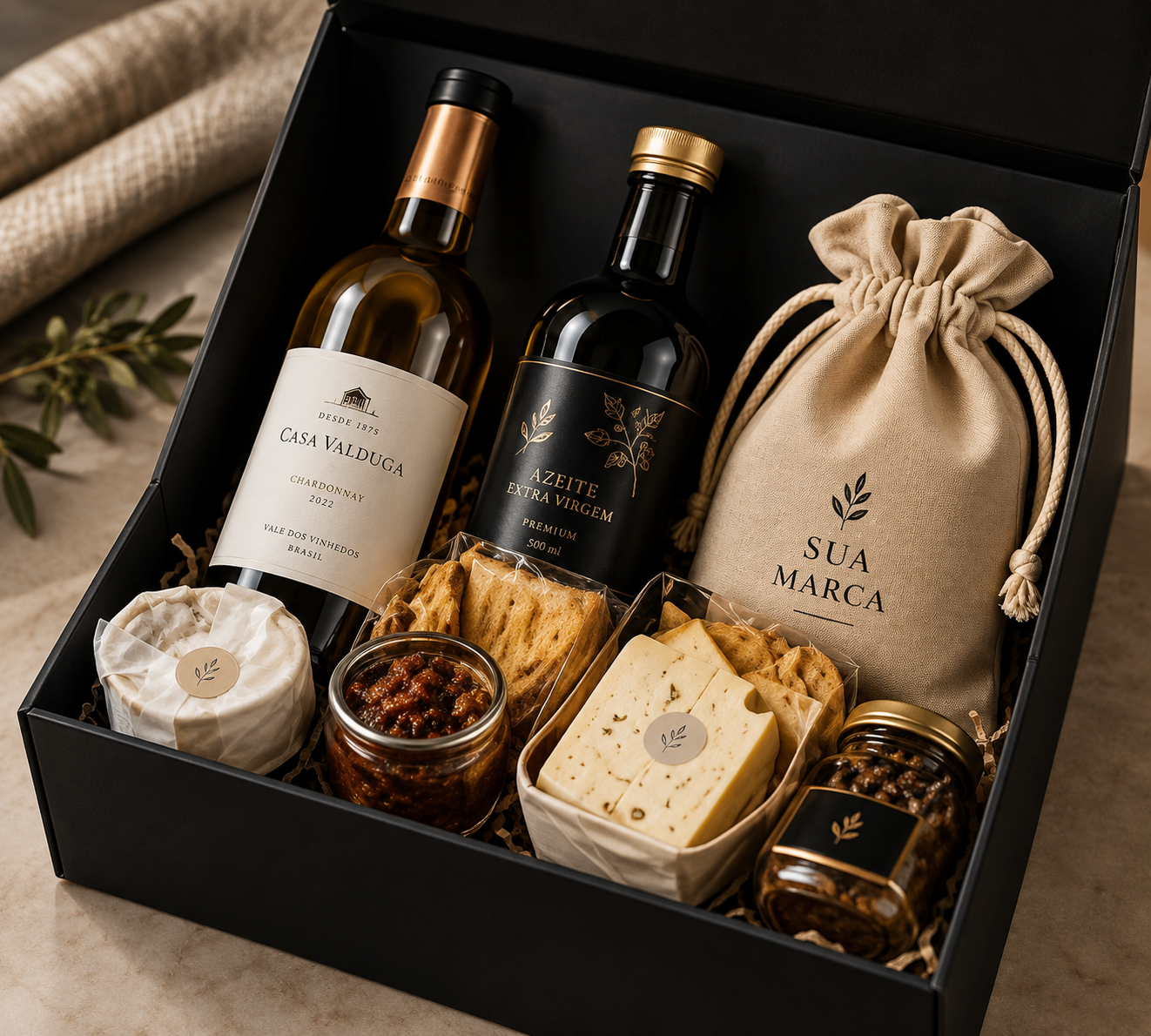 Kit com vinho, queijos e conservas em caixa personalizada