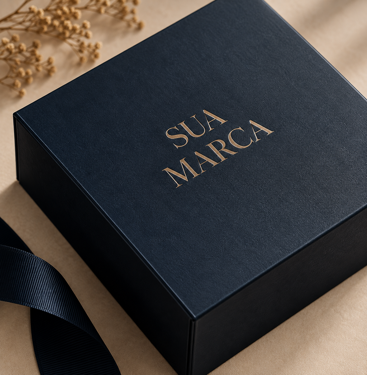 Caixa azul-marinho com aplicação dourada da marca