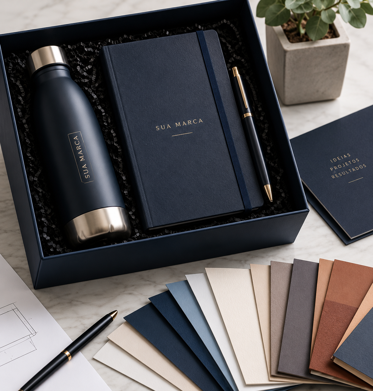 Garrafa térmica preta, caderno azul-marinho com caneta e leque de amostras de cor dentro de caixa de presente