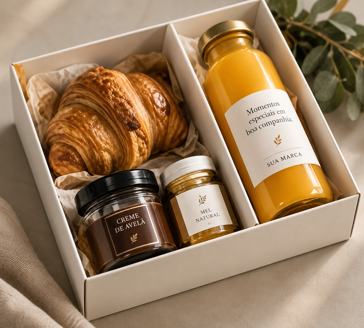 Kit de café da manhã com croissants, geleia e suco