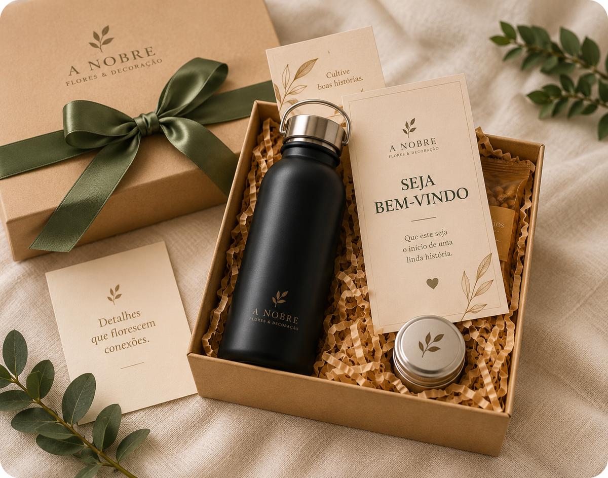 Kit de boas-vindas com garrafa e cartão personalizado