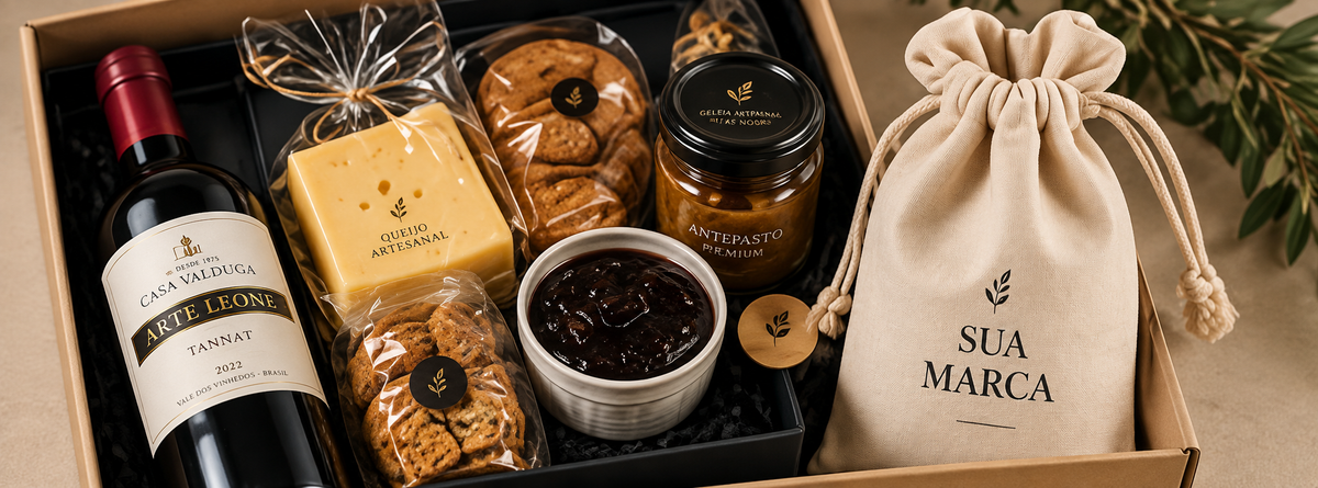 Kit gastronômico com vinho, queijos, conservas e sacola personalizada