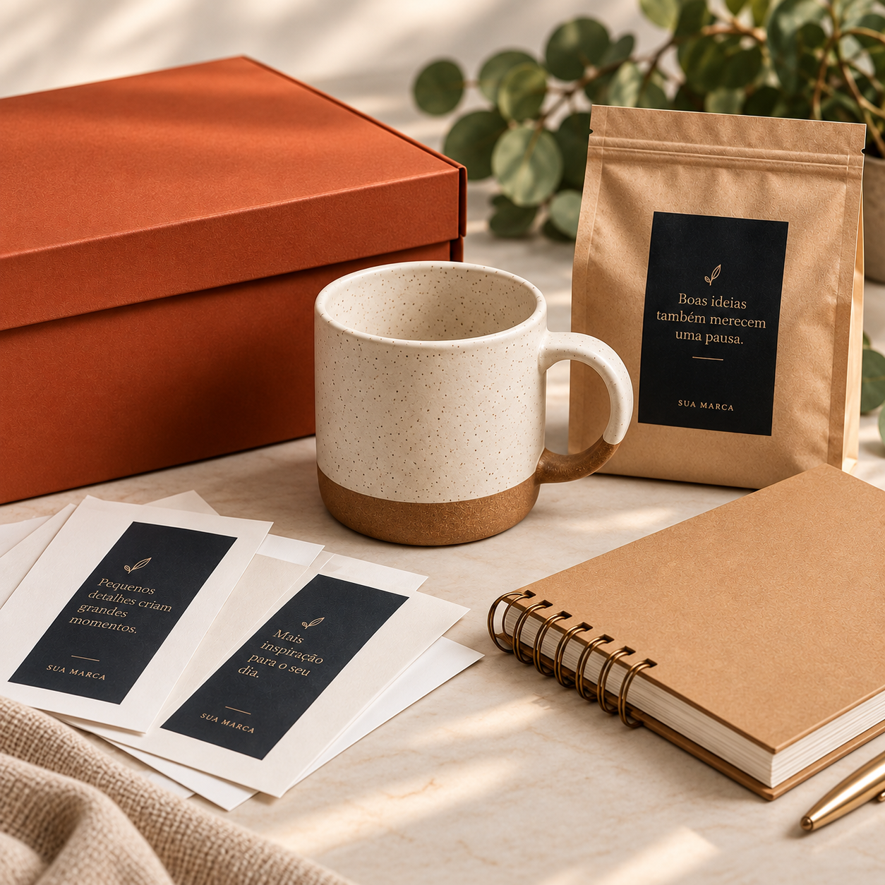Caixa de presente terracota com caneca de cerâmica, pacote de café, cartões de mensagem e caderno sobre mesa clara