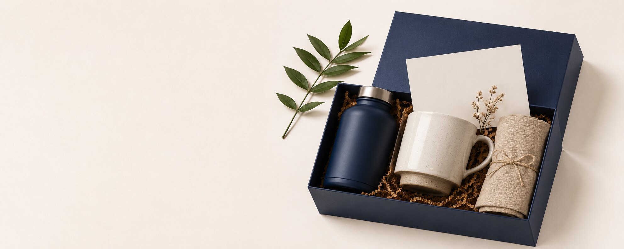 Caixa de presente azul-marinho aberta com garrafa, caneca, vela e cartão de mensagem
