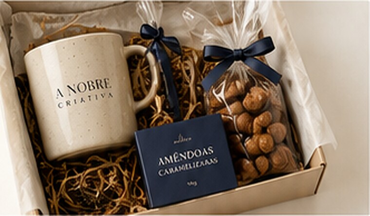 Caixa de presente com caneca da A Nobre Criativa, saquinho de amêndoas caramelizadas e laço azul-marinho