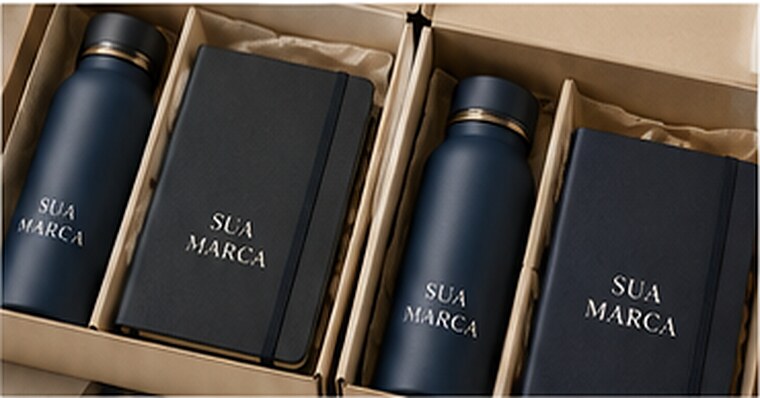 Garrafas térmicas e cadernos azul-marinho em caixa, com espaço reservado para a marca da empresa