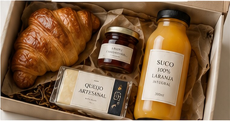 Kit gastronômico com croissant, queijo artesanal, geleia e suco de laranja em caixa de papel