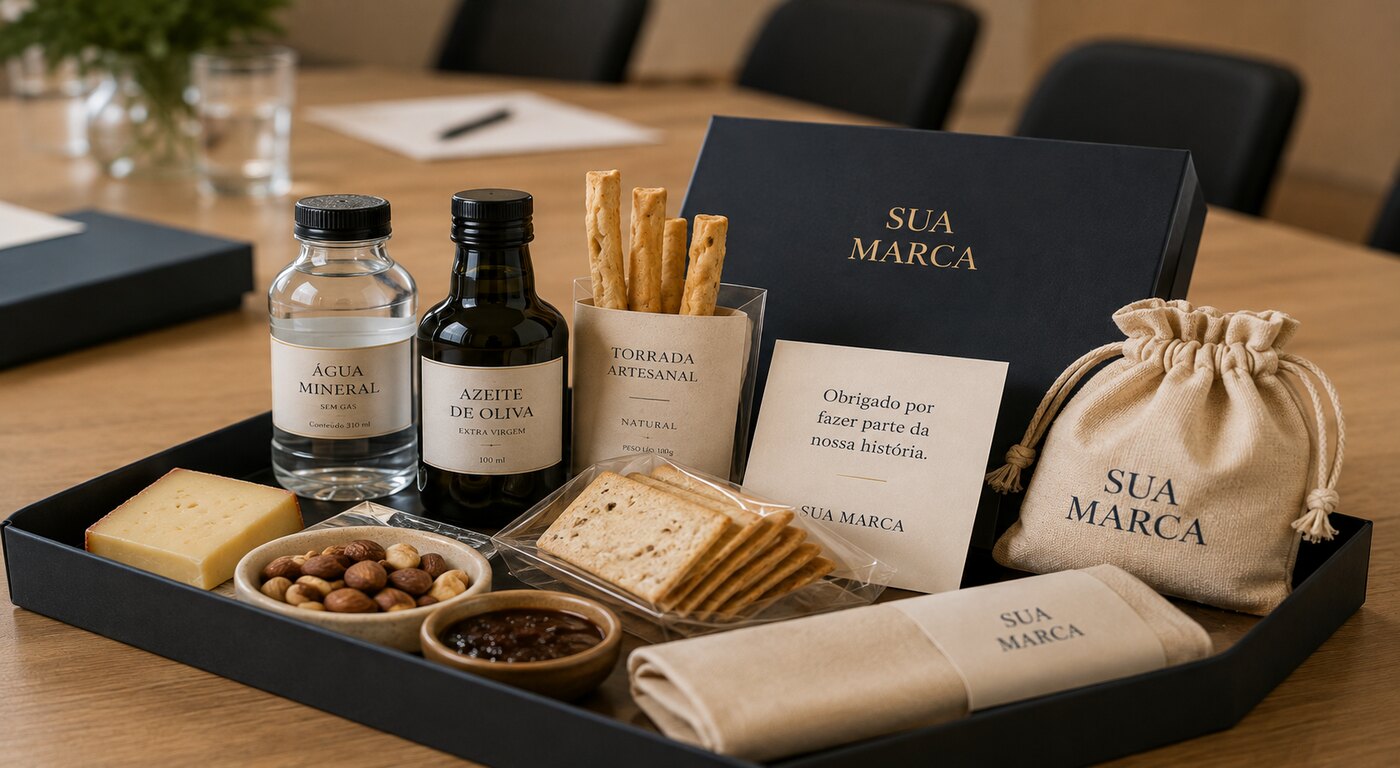 Kit gastronômico sobre mesa de reunião com queijos, vinhos, castanhas e embalagens com a marca do cliente