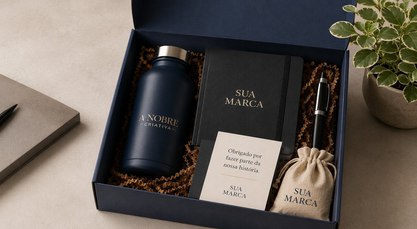 Kit corporativo em caixa azul-marinho com garrafa, caderno e cartão personalizados com a marca do cliente