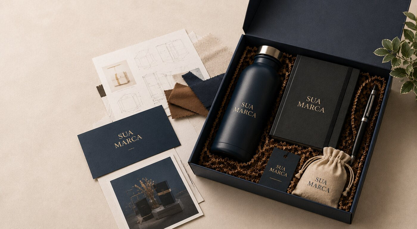 Mesa com pranchas de estudo, amostras de material e kit corporativo personalizado em desenvolvimento